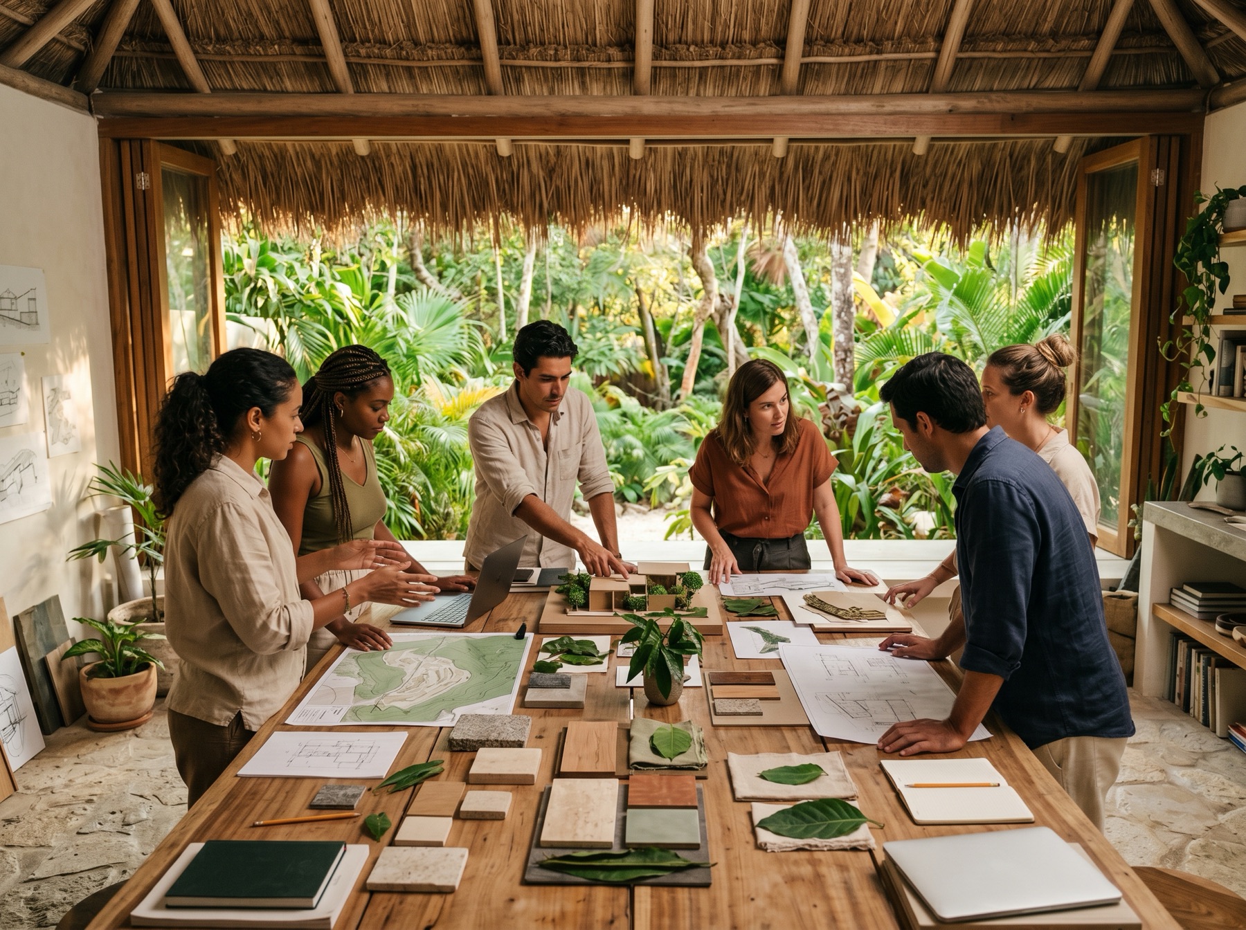 El equipo de AMŪN trabajando juntos sobre planos y maquetas del proyecto