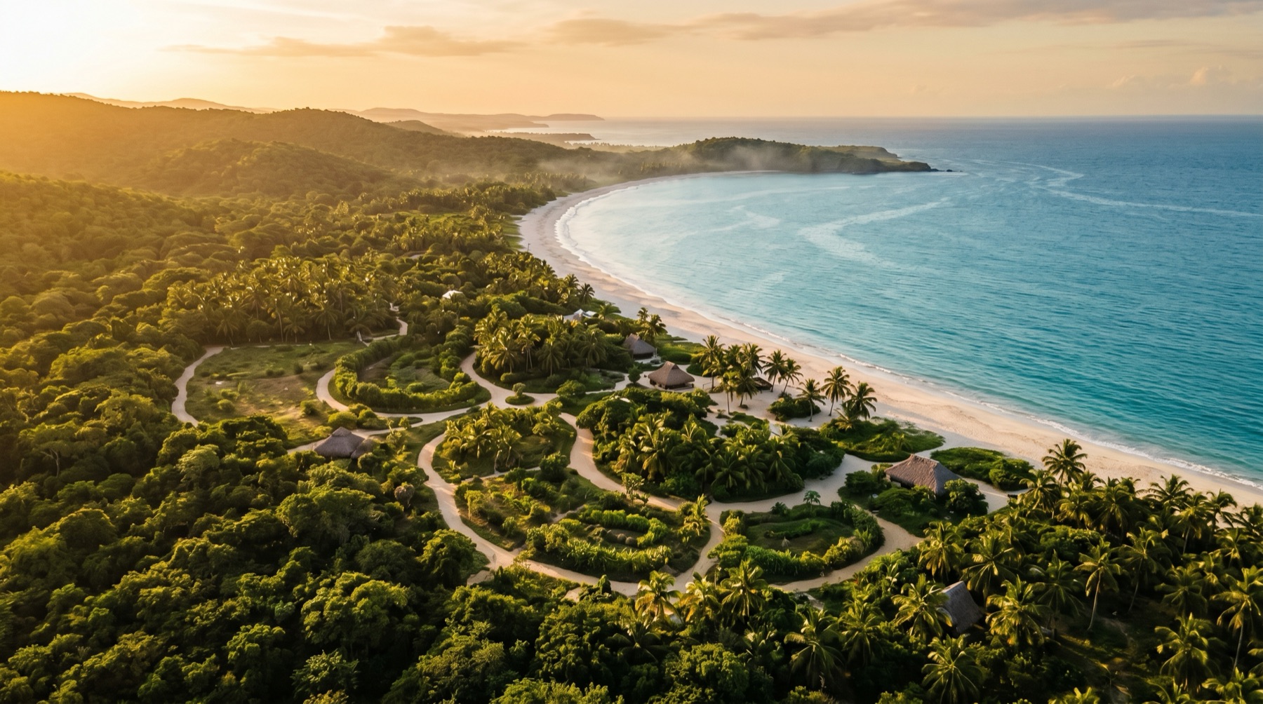Vista aérea del master plan de AMŪN entre la montaña y el mar en Isla de Margarita