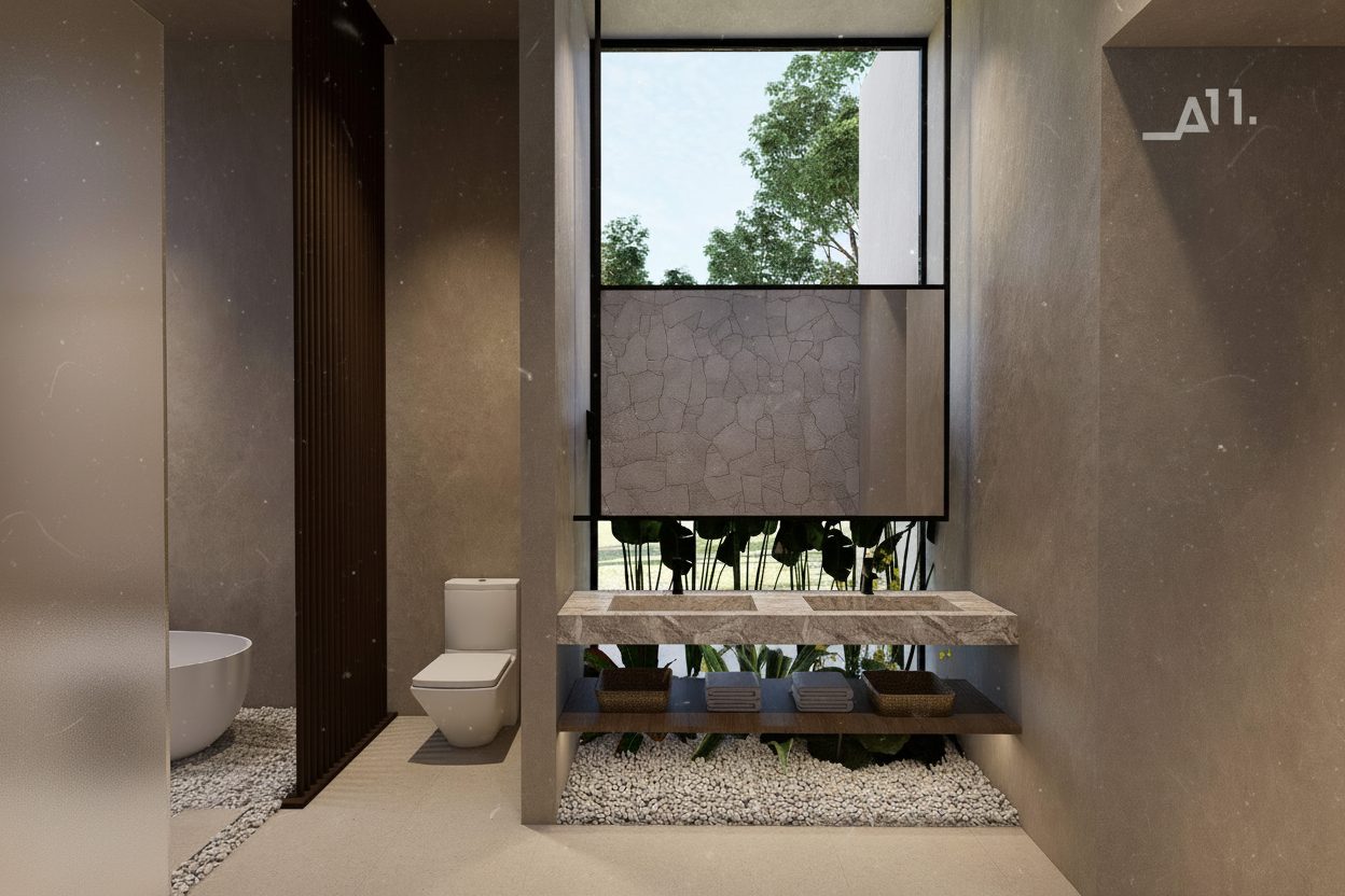 Baño completo con cerámica en una villa AMŪN