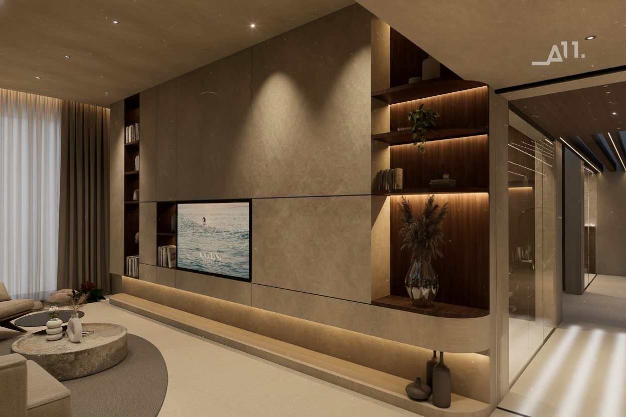 Sala luminosa de una villa AMŪN lista para personalizar