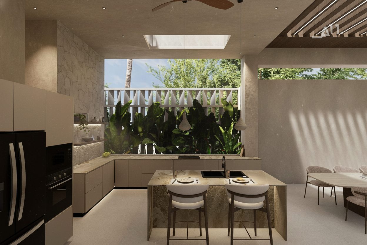 Cocina de obra con tope en una villa AMŪN