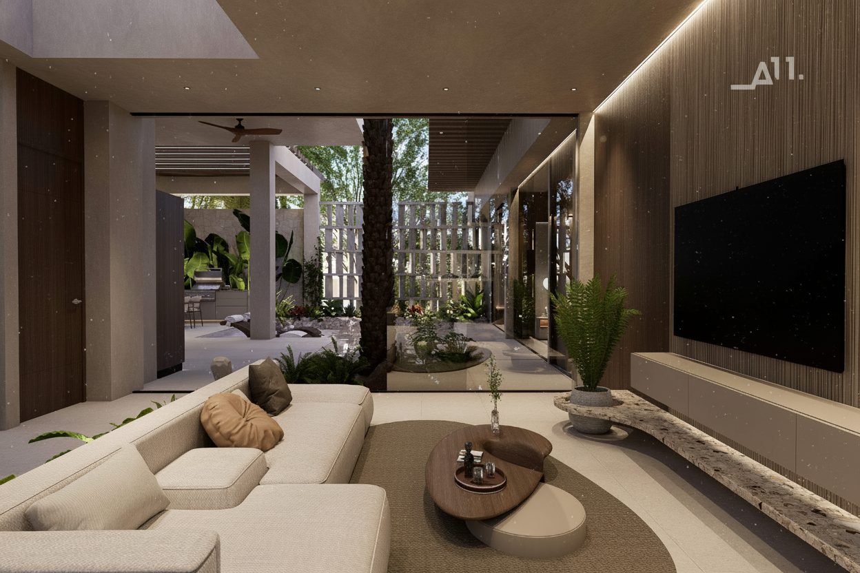 Interior luminoso de una villa AMŪN