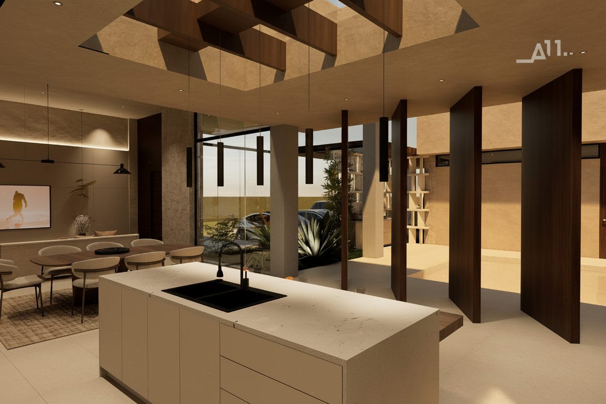Cocina de obra con tope en una villa AMŪN