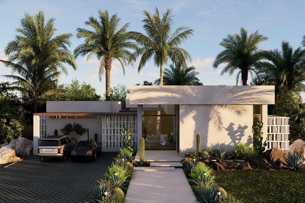 Fachada de una villa AMŪN abierta a la luz de la selva