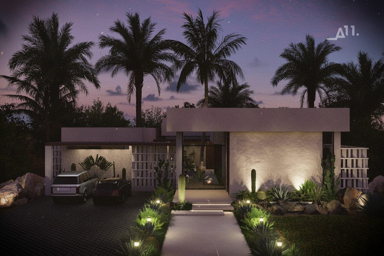 Fachada de la Villa Ultra iluminada al anochecer
