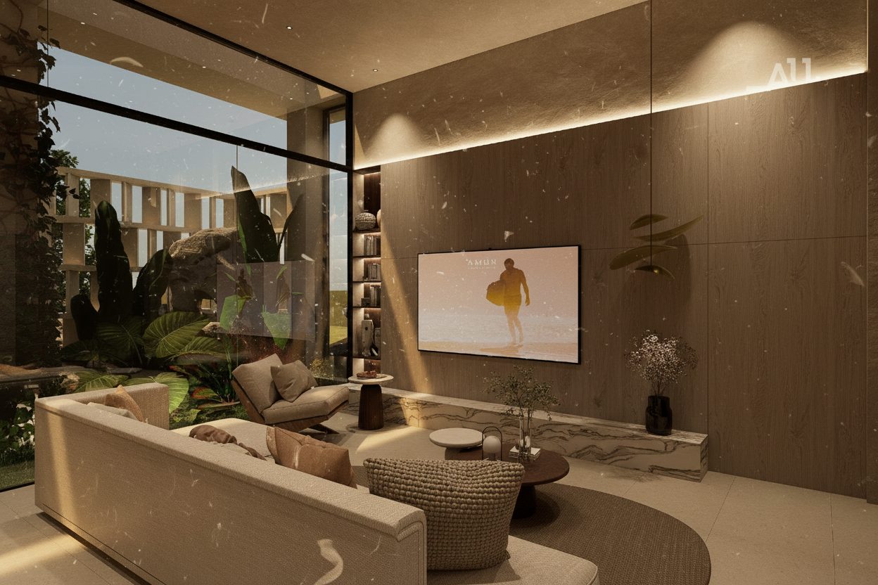 Sala amplia de una villa AMŪN con luz natural
